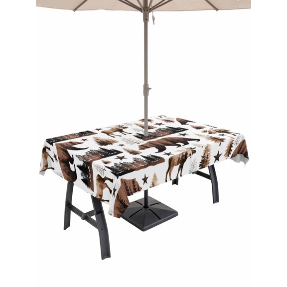 Grizzly Bear Rectangle Outdoor Tablecloth with Umbrella Hole Country Rustic Forest Brown Animals Pine Trees Star 60x102 Inch Waterproof Table Cover Zippered Table Cloth for Garden Patio