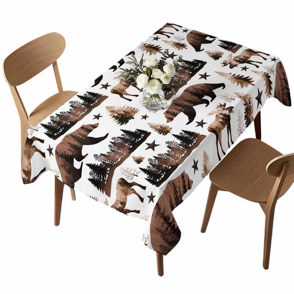 Grizzly Bear Rectangle Tablecloth Country Rustic Forest Brown Animals Pine Trees Star Waterproof Wrinkle Free Soft Table Cloth Spill-Proof Washable Table Cover for Dining Party Picnic 60 x 84 Inch