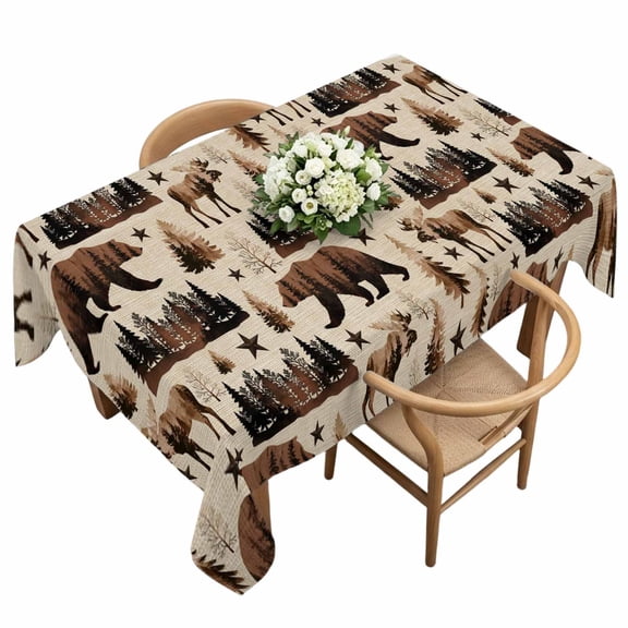 Grizzly Bear Rectangle Tablecloth Country Vintage Forest Brown Animals Pine Trees Star Waterproof Wrinkle Free Soft Table Cloth Spill-Proof Washable Table Cover for Dining Party Picnic 60 x 120 Inch