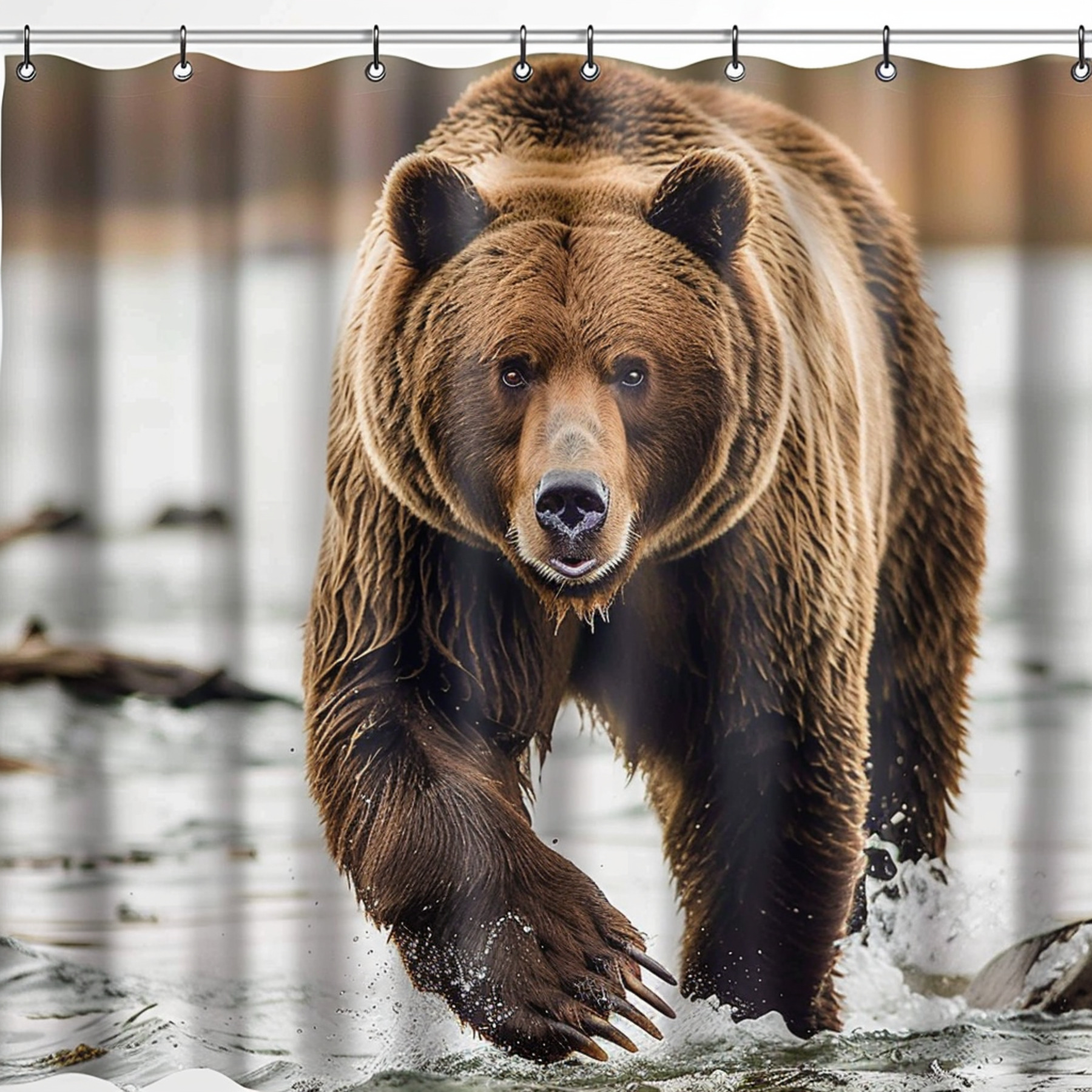 Grizzly Bear Shower Curtain Real Photo of Brown Bear Walking in Water