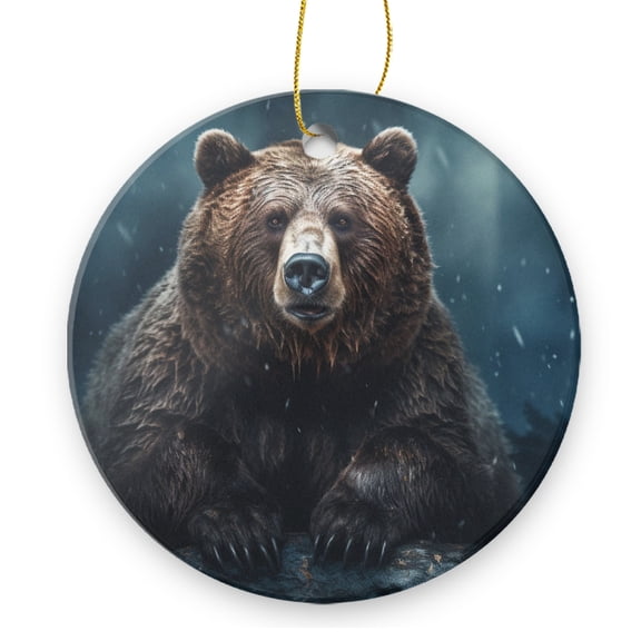 Grizzly Bear Sitting on Rocks In The Dark Forest - Christmas Ornament Xmas Keepsake Ceramic Ornaments Holiday Decorations for Tree Christmas Gift Ideas 2.95in