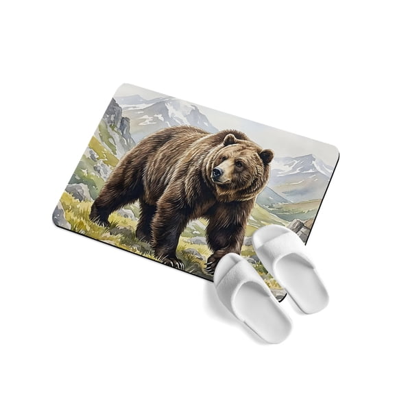 Grizzly Bear Soft Diatomaceous Earth Mat, Brown Wildlife Animal Rocks Snowcap Farmhouse Absorbent Bath Mat Non Slip Rubber Backed Quick Dry Doormat Fit Under Door for Bathroom Kitchen 24"x36"