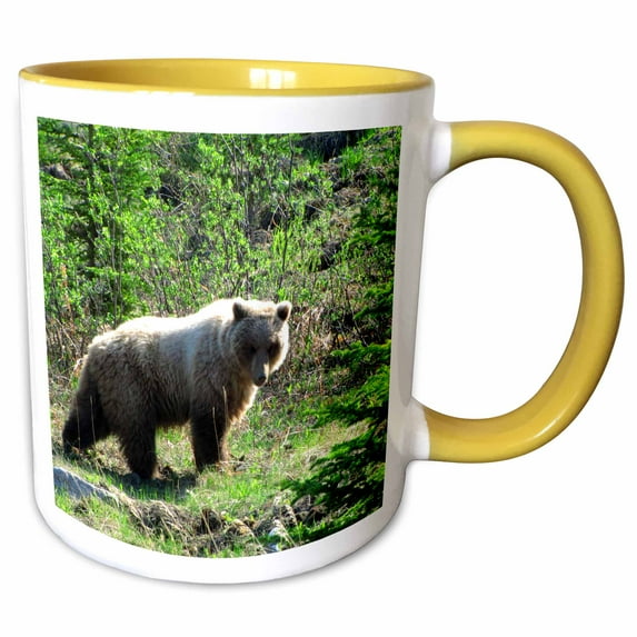 3drose, Grizzly Bear Stops for a Rest on the Side of the Atlin Road in Yukon Territory Canada, 11oz Two-tone Yellow Mug