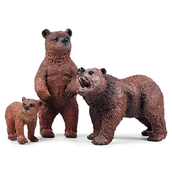 Grizzly Bear Toys Figurines, Plastic Forset Animals Bear Figures for Kids, Realistic Woodland Creature Party Supplies Cake Toppers, Pack of 3