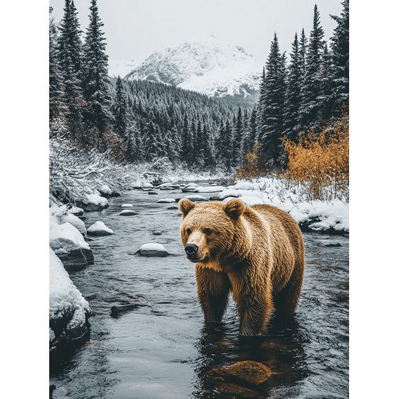 Grizzly Bear Winter River Canvas Art Print Suitable for Living Room Bedroom Office Cabin and Lodge Decor