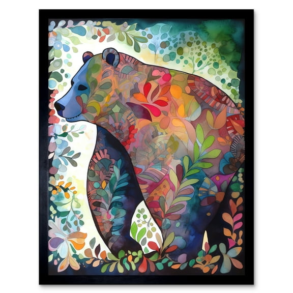 Grizzly Bear With Botanical Patterns Folk Art Watercolour Painting Art Print Framed Poster Wall Decor 12x16 inch