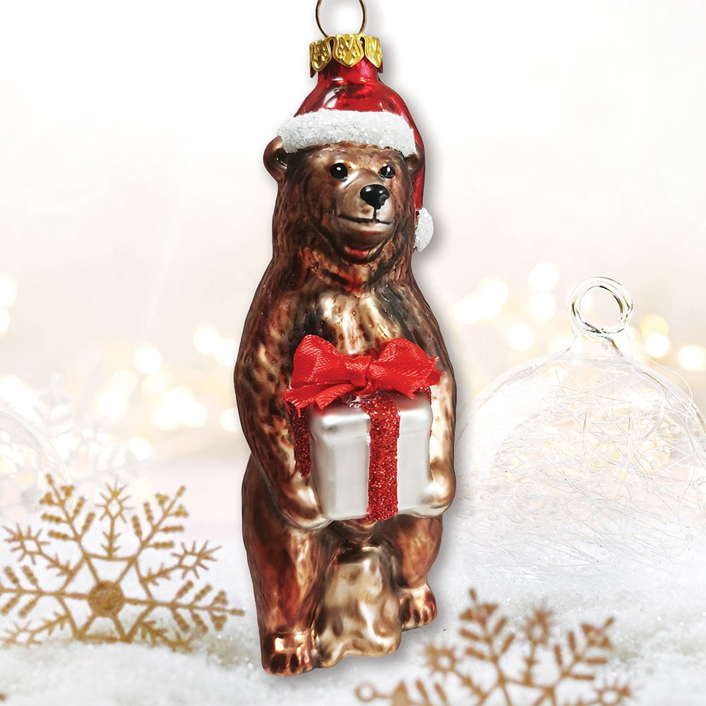 Grizzly Bear with Santa Hat and Gift Glass Christmas Ornament - Walmart.com