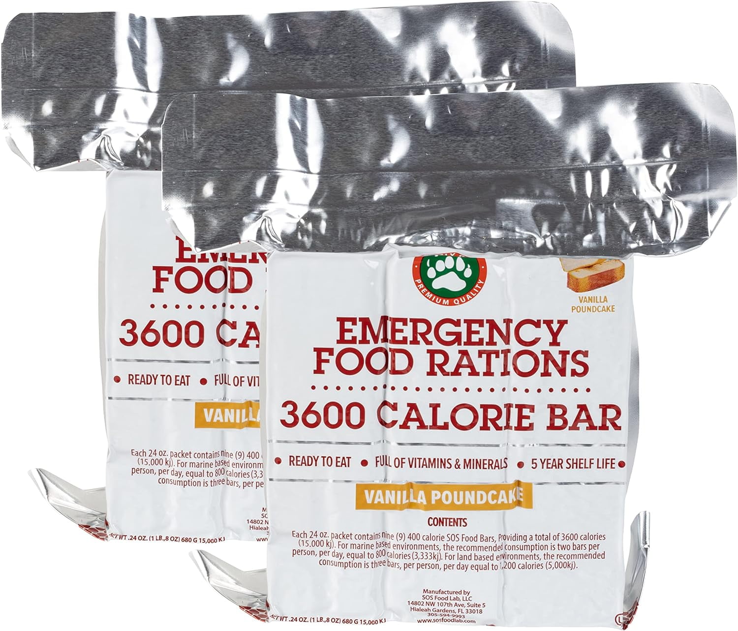 Grizzly Gear Emergency Food Rations- 3600 Calorie Vanilla Poundcake Bars (2 Pack) - 6 Day, 144 Hour Supply For Disaster, Hurricane, Flood Preparedness - Less Sugar, More Nutrients - 5 Year Shelf Life