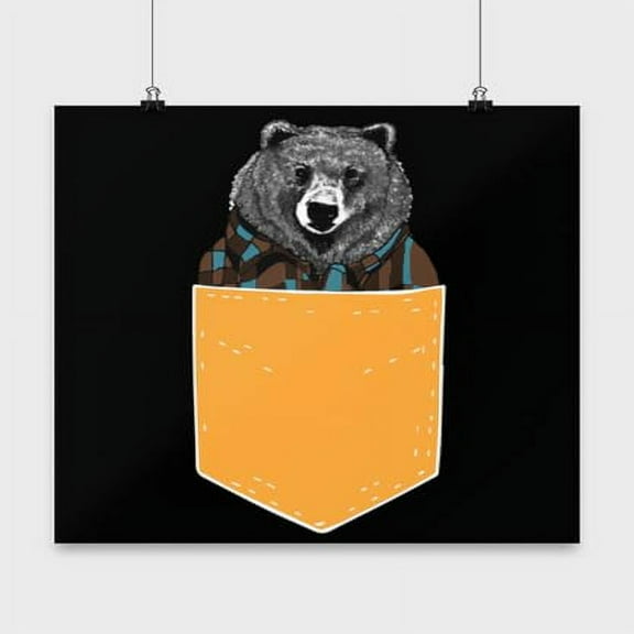 Grizzly Poster, Bear In A Pocket, Brown Bear Wall Art Gift, Black 13x13in Poster