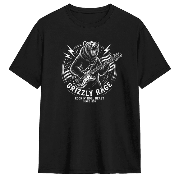 Grizzly Rage Bear With Guitar Retro Graphic Tee For Men, Music Fun Cotton Short Sleeves T-Shirt