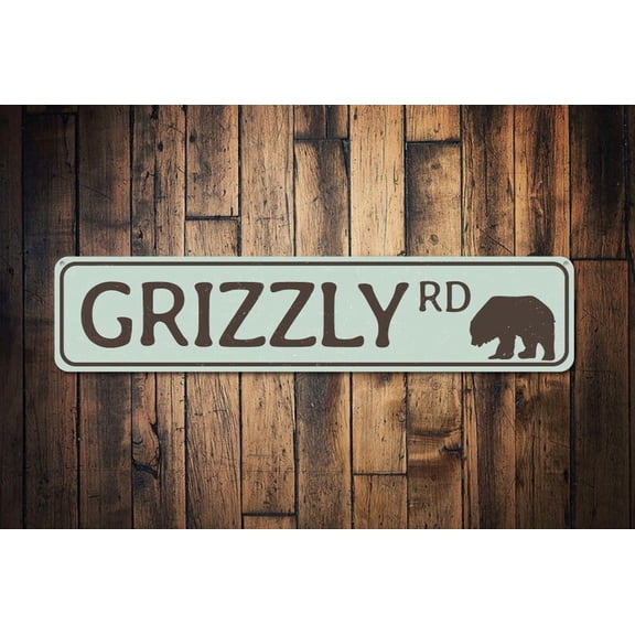 Grizzly Rd Sign Custom Lake House Street Sign Bear Road Sign Metal Bear Lover Gift Lake House Decor - Grizzly Bear Sign - Size: 16 x 4 Inches