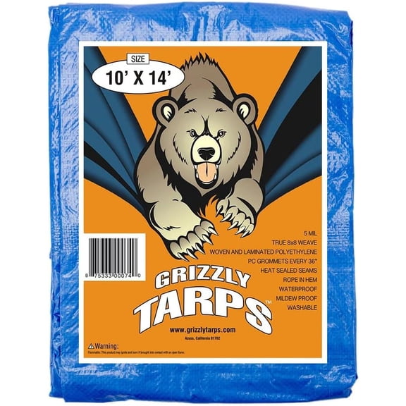 Grizzly Tarps by 10' x 14' Large Multi-Purpose Waterproof Heavy Duty Poly Tarp with Grommets Every 36", 8x8 Weave, 5 Mil Thick, for Home, Boats, Cars, Camping, Protective Cover, Blue