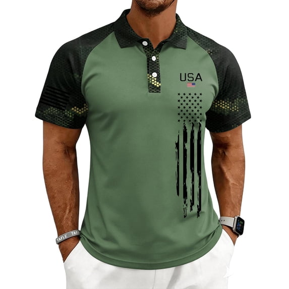 GrmtClth 1776 2026 Usa Camo Raglan Polo Shirt for Men Independence Day American Flag Print Summer Tops Collared Trendy Short Sleeve Button Golf Polos Green M