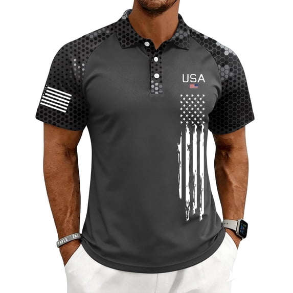 GrmtClth 1776 2026 Usa Camo Raglan Polo Shirt for Men Independence Day American Flag Print Work Top Collared Comfy Short Sleeve Button Golf Polos Dark Gray XL
