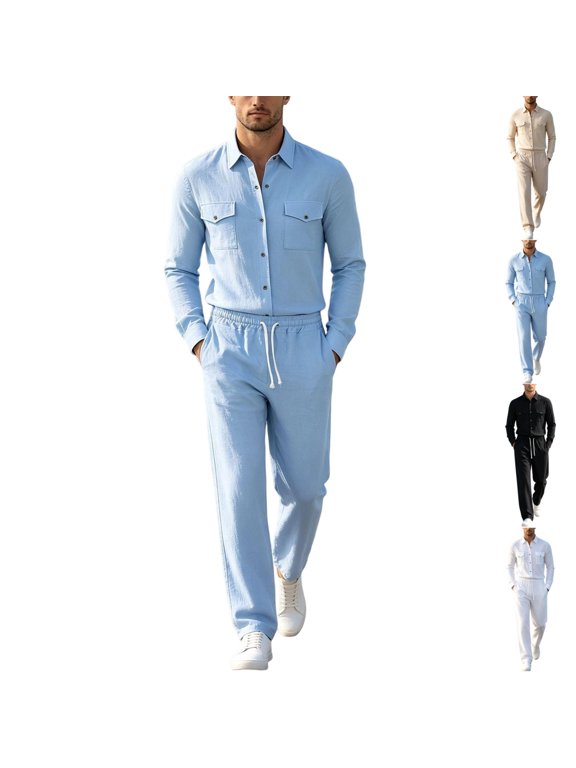 2 Piece Linen Sets For Men Solid Color Long Sleeve Dual Chest Pocket Button Down Shirt Elastic Drawstring Straight Leg Pants Casual Beach Vacation Matching Outfit Sky Blue L