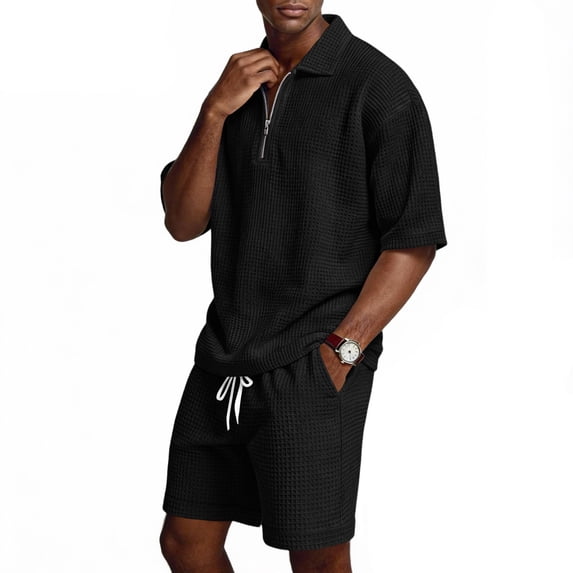 GrmtClth 2 Piece Set for Men Waffle Knit Short Sleeve Polo Shirt Summer Shorts Set Casual Vacation Outfits Sweatsuit with Pocket Black S