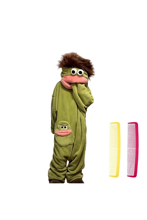 2026 Funny Cartoon Character Plush One-Piece Pajamas, Cozy Couple Matching Loungewear, Comfy Winter Sleepwear with slippers and two combs Green S