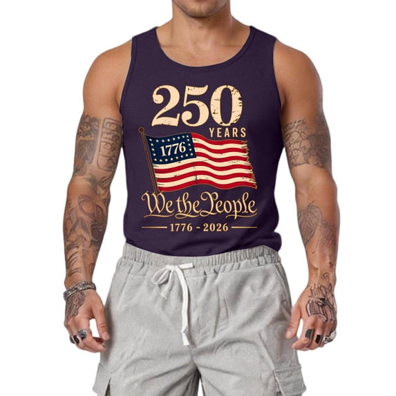 GrmtClth 250 Years Usa Tank Top for Men Independence Day American Flag Pattern T-Shirts Summer Sleeveless Top Fashion 1776-2026 Print Shirts Dark Purple XL