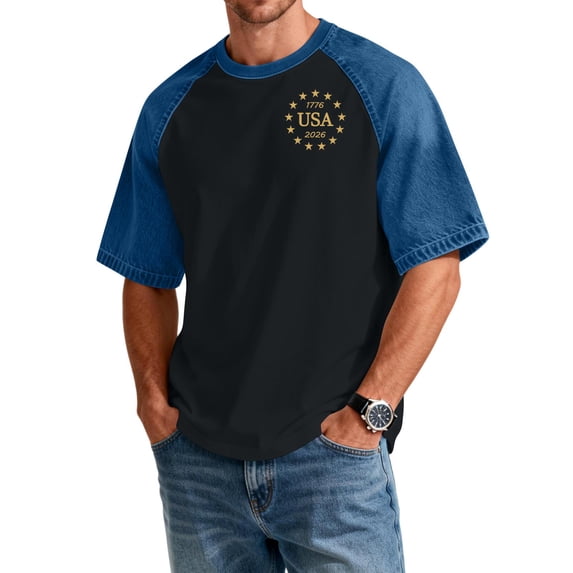 GrmtClth 250th Anniversary Usa Denim Tops for Men Independence Day Raglan Color Block Shirts Breathable 1776-2026 Print T-Shirts Soft Short Sleeves Round Neck Clothing Gray 2XL
