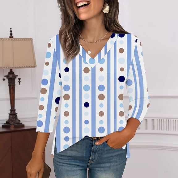 GrmtClth 3/4 Length Sleeve Womens Tops Side Slit Fashion Printed T-Shirt Comfort Soft V Neck Dressy Basic Tunic Top Light Blue XXL