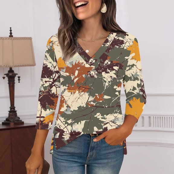 GrmtClth 3/4 Length Sleeve Womens Tops Slit Hem Trendy Printed T-Shirt Regular-Fit V Neck Dressy Casual Tunics Wear Khaki M