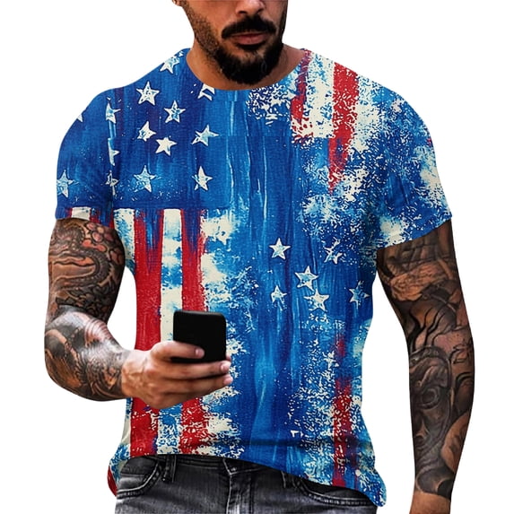 GrmtClth 4th of July Tops for Men Patriotic American Flag Print Vintage Tee Short Sleeve Fashion Shirts Crew Neck Clothes Multicolor M