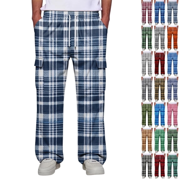 GrmtClth Adult Mens Cargo Pants Wide Leg Flannel Plaid Joggers Dual Side Cargo Pockets Elastic Waist Daily Lounge Pants Dark Blue 3XL