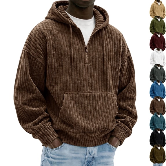 GrmtClth Adult Mens Quarter Zip Hoodie Vertical Rib Corduroy Loose Casual Daily Pullover Hooded Sweatshirt Coffee 3XL