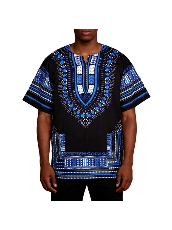 African Dashiki Shirt 2026 Party Bohemian Tee Casual Pattern Tops Trend Short Sleeve Blouses Royal Blue S
