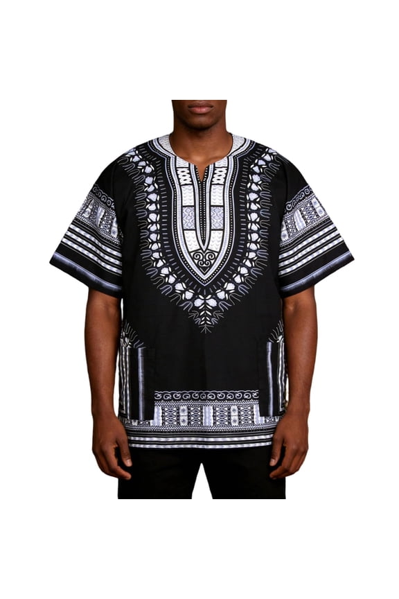 African Dashiki Shirt 2026 Tribal Hippie T-Shirts Breathable V-Neck Tops Traditional Short Sleeve Blouse Black XL
