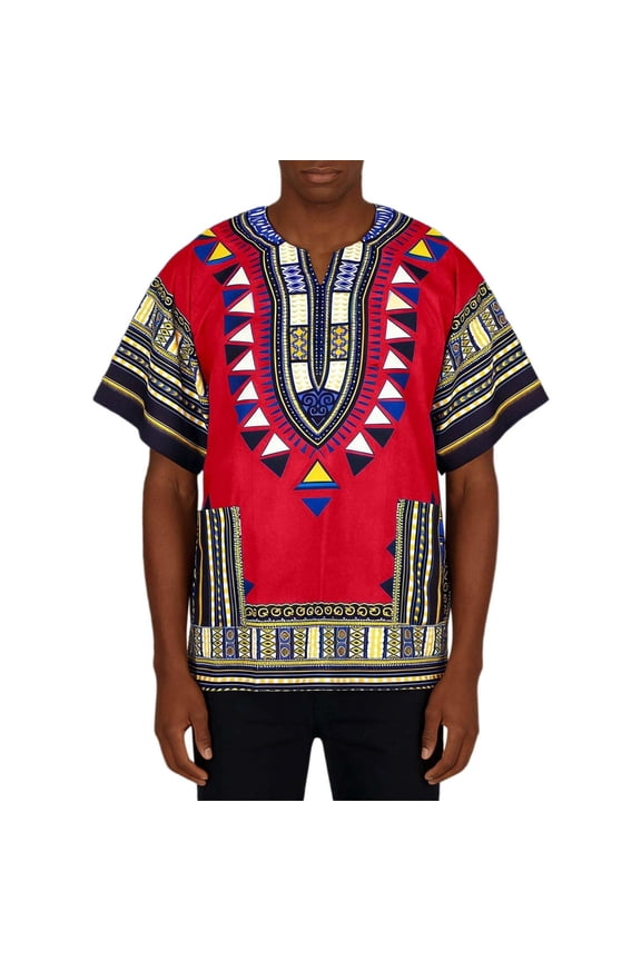 African Dashiki Shirt Party Bohemian Tee Lightweight Pattern Tops Summer Short Sleeve Blouse Red S