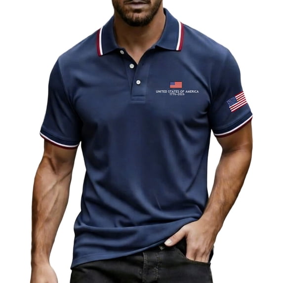 GrmtClth American Flag Polo Shirt for Men Patriotic Collared Shirt Gym Tops Color Block Button Up Short Sleeve Fashion Golf Polo Dark Blue L