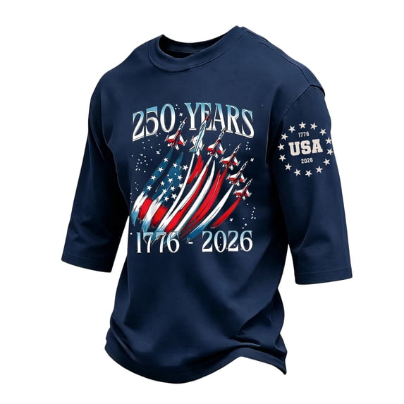 GrmtClth American Flag Shirt for Men Independence Day Fourth Of July Top Casual 3/4 Sleeve T-Shirt Quick Dry Soft Round Neck Wear Navy S