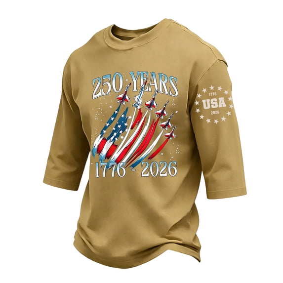 GrmtClth American Flag Shirt for Men Patriotic Usa 250th Anniversary Tops Summer 3/4 Sleeve T-Shirt Quick Dry Soft Round Neck Clothes Khaki L