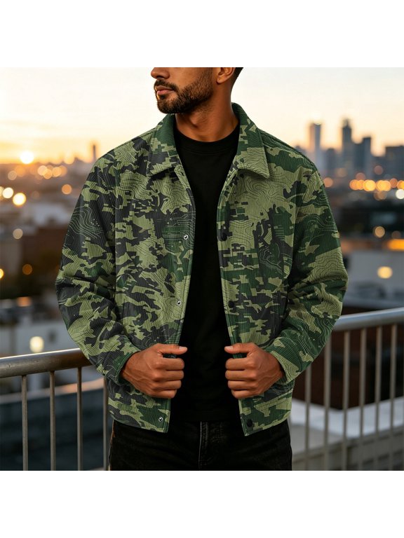 Autumn Mens Camo Point Collar Overshirt Jacket Long Sleeve Snap Front Loose Silhouette Weekend Daily Wear Green 3XL