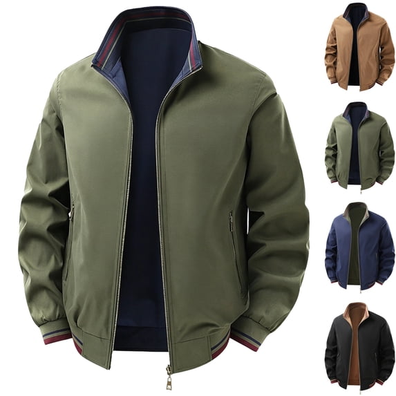 GrmtClth Bomber Jacket For Men Thin Flight Style Water Resistant Striped Trim Business Golf Daily Outerwear Army Green 2XL