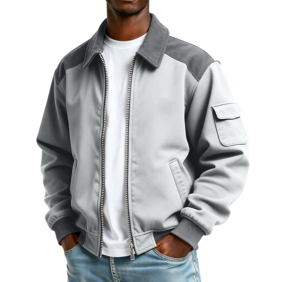 GrmtClth Bomber Jacket Men Fall Winter Fashion Colorblock Jacket Coats Zip Up Outdoor Outwear Jackets with Pockets Light Gray XL