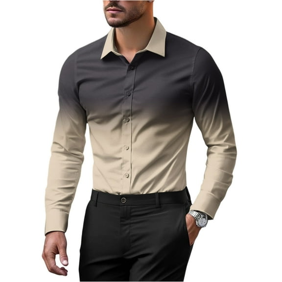 GrmtClth Button Down Shirt Men Long Sleeve Regular Fit Dress Shirt Business Stretch Gradient color Formal Shirt Beige L