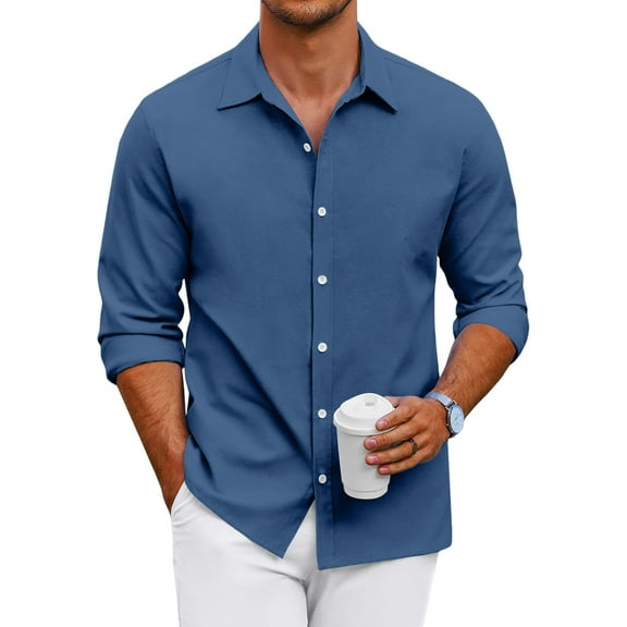GrmtClth Button Down Shirt Men Long Sleeve Regular Fit Dress Shirt Classic Stretch Solid Casual Shirts Blue XXXL