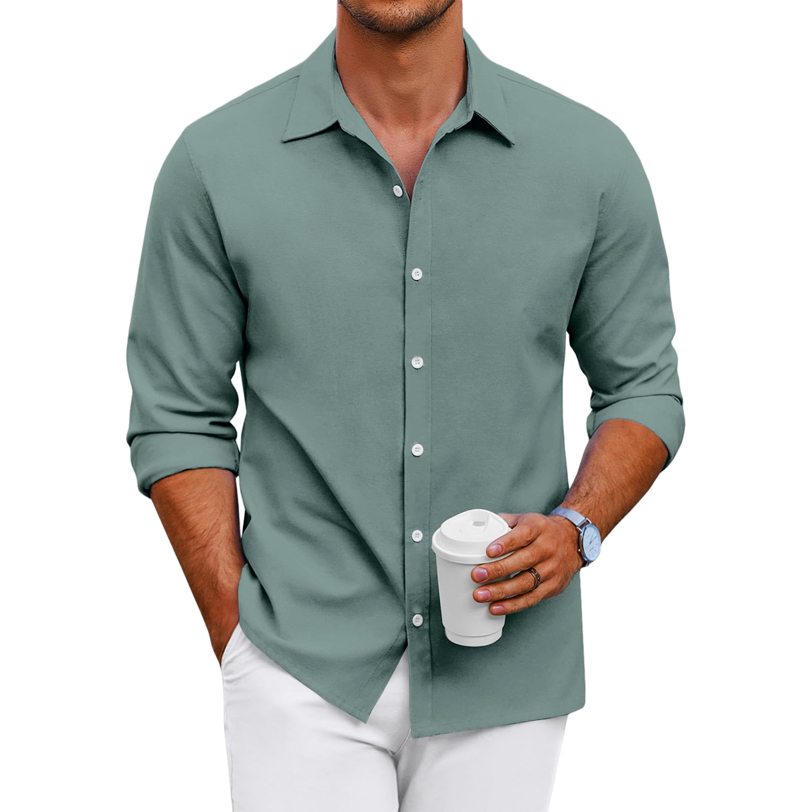 mens mint green dress shirt Men's Linen Short Sleeves Buttons-up #LACE-611 L / Green Look sharp in this dress shirt at work Men's Mint Dress Shirt Set