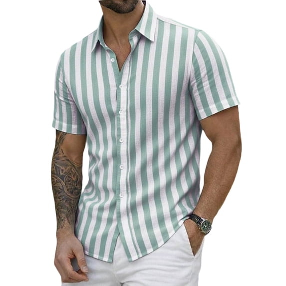 GrmtClth Button Down Shirt Men Short Sleeve Striped Shirts Casual Cotton Linen Beach Shirts 2026 Summer Stylish Hawaiian Shirts Green XL