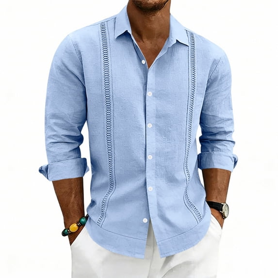 GrmtClth Button Down Shirt Men Long Sleeve Cotton Linen Shirt Casual Business Beach Dress Shirt Summer Big and Tall Textured Shirt with Pocket Light Blue 3XL