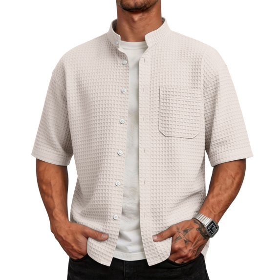 GrmtClth Button Down Shirt Men Short Sleeve Casual Waffle Knits Shirts Beach Vacation Wrinkle-Free Dress Shirt Summer Loose Fit Overshirts with Pockets Beige XXL
