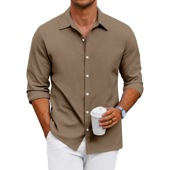GrmtClth Button Up Shirt Men Long Sleeve Regular Fit Dress Shirt Business Soft Solid Color Formal Shirt Light Brown XXL