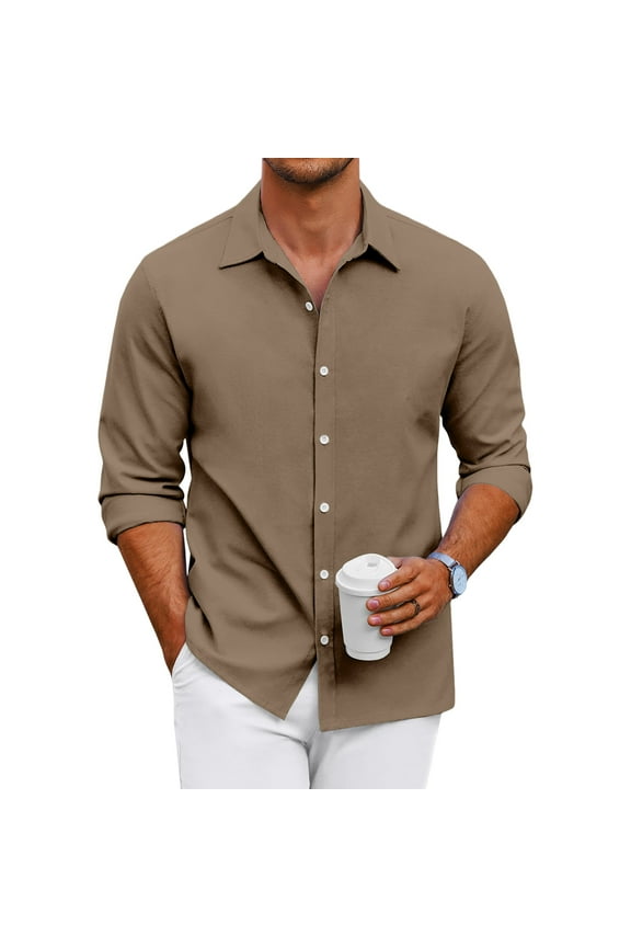 Button Up Shirt Men Long Sleeve Regular Fit Dress Shirt Business Soft Solid Color Formal Shirt Light Brown XXL