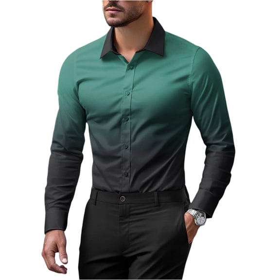 GrmtClth Button Up Shirt Men Long Sleeve Regular Fit Dress Shirt Classic Stretch Gradient color Casual Shirts Dark Green M