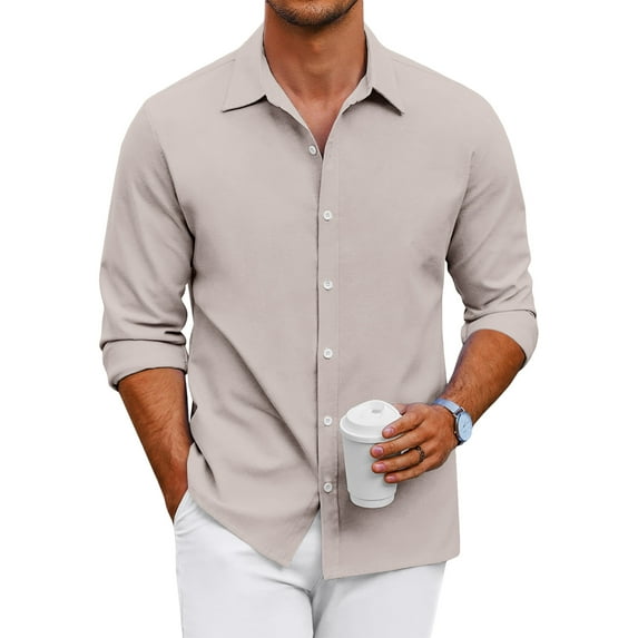 GrmtClth Button Up Shirt Men Long Sleeve Slim Fit Dress Shirt Classic Stretch Solid Formal Shirt Beige XXXL