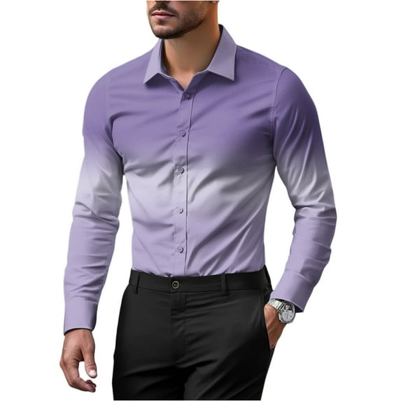 GrmtClth Button Up Shirt Men Long Sleeve Slim Fit Dress Shirt Vintage Soft Gradient color Casual Shirts Light Purple XL