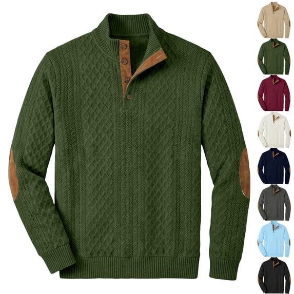 GrmtClth Cable Sweatshirts for Men Knit Sweater Casual Stand Collar Vintage Button Knitted Pullover with Elbow Patches Army Green XL