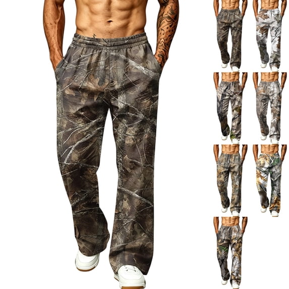 GrmtClth Camo Sweatpants Men Loose Relaxed Wide Leg Drawstring Elastic Waist Lightweight Daily Walking Outdoor Hunting Pants With Pockets Coffee M